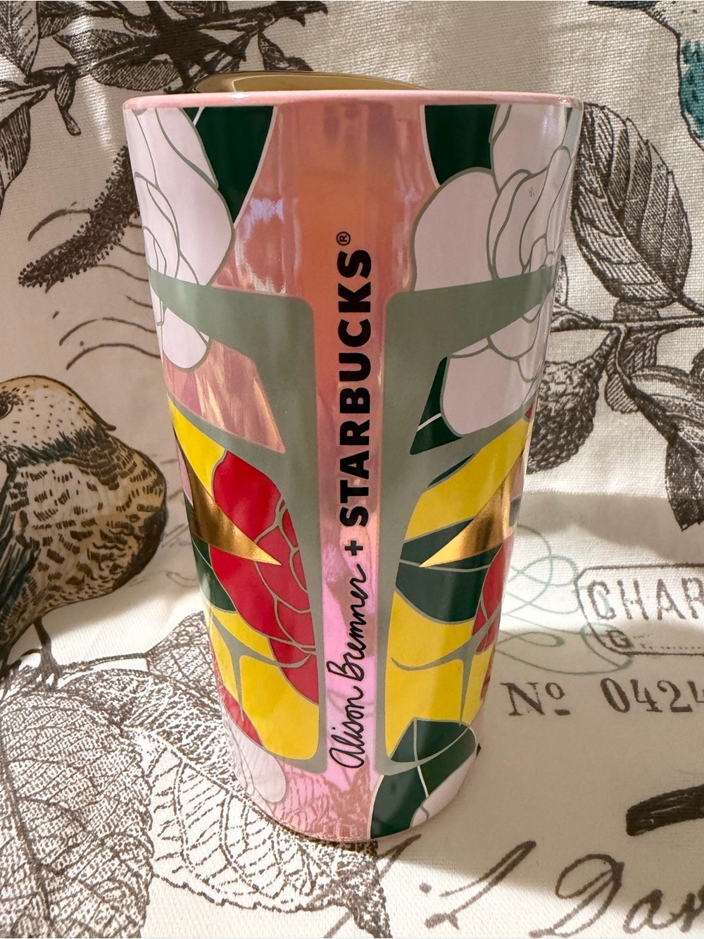 Starbucks Pink Floral Tumbler with Green and Gold Accents - Picture 3 of 4